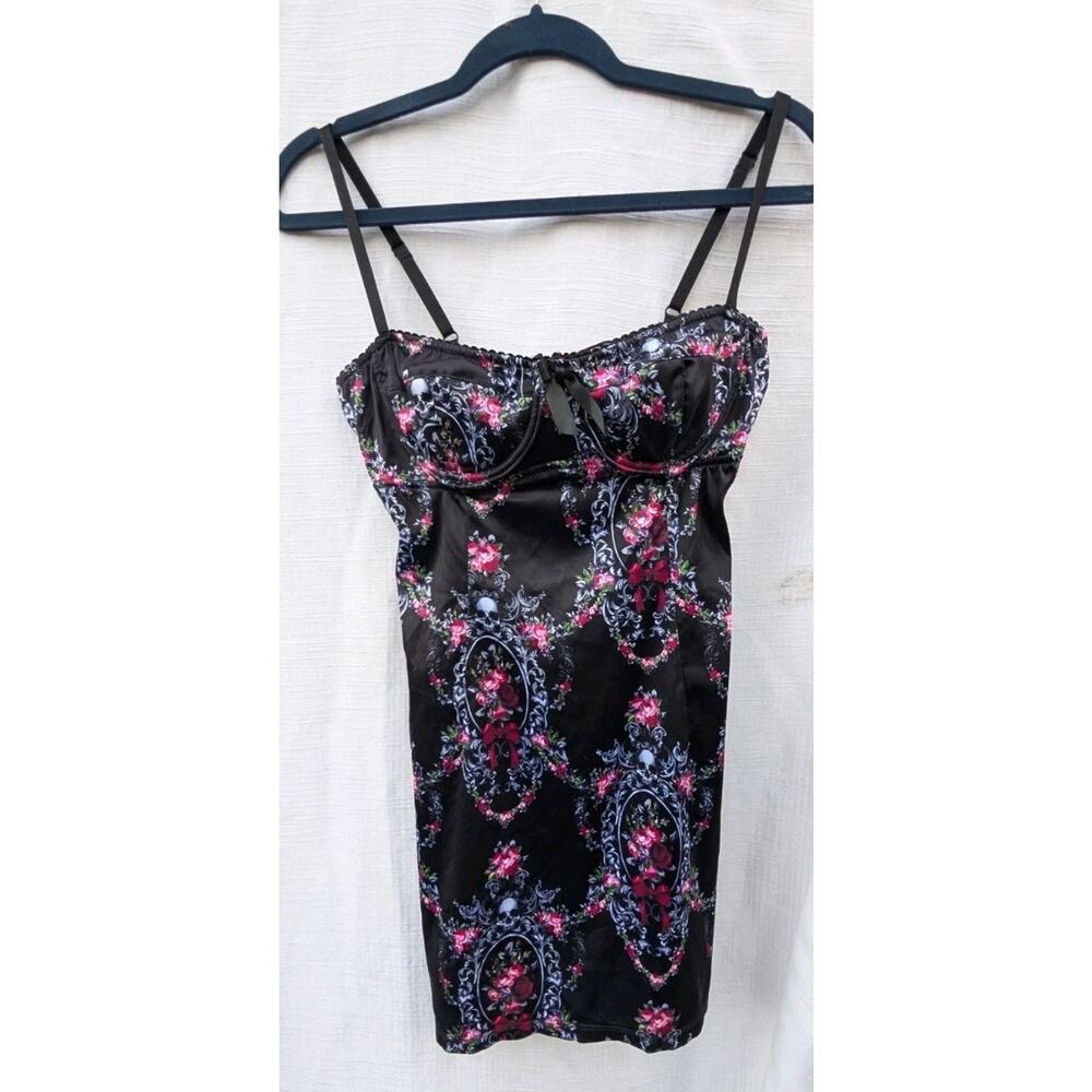 Widow Dollskill Womens Satin Babydoll Top‎ Slip Dress Sz S Whimsigoth Goth Skull